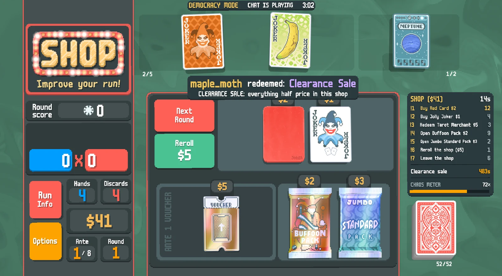 The Balatro shop during Democracy Mode. A ribbon across the top counts down the mode. A banner reads maple_moth redeemed: Clearance Sale. A panel on the right lists the shop choices with live vote counts, a Clearance Sale timer and the Chaos Meter.